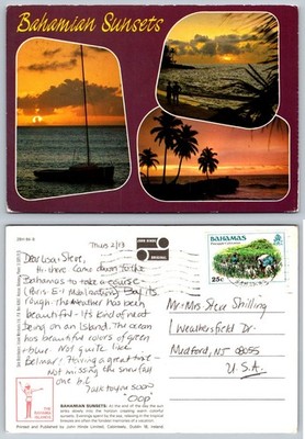 Bahamian Sunsets Postcard John Hinde Original Bahamas Palm Trees Sailboat Posted