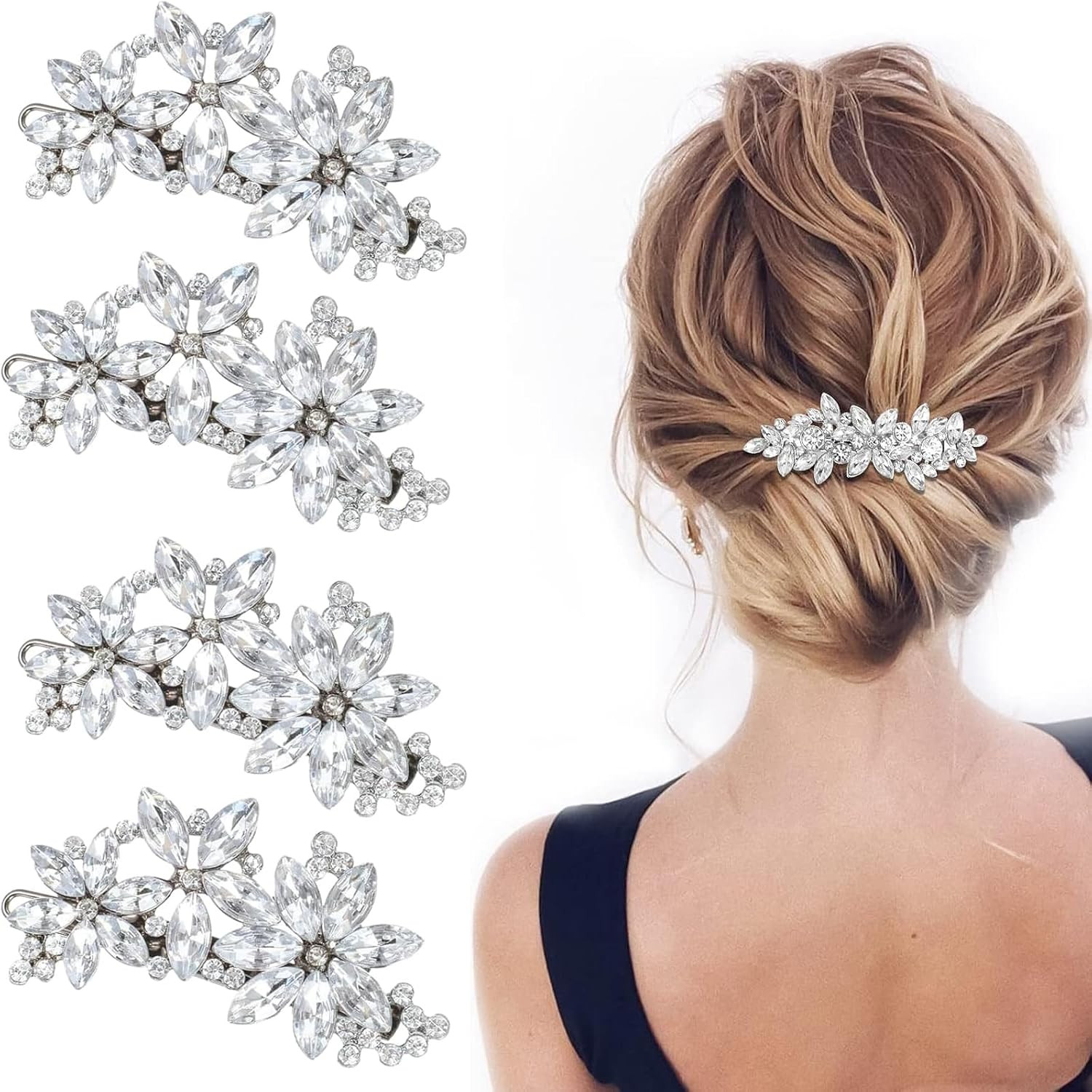 4PCS Rhinestone Hair Clips Women - Leaf Metal Silver Hair Clips - Crystal Flower