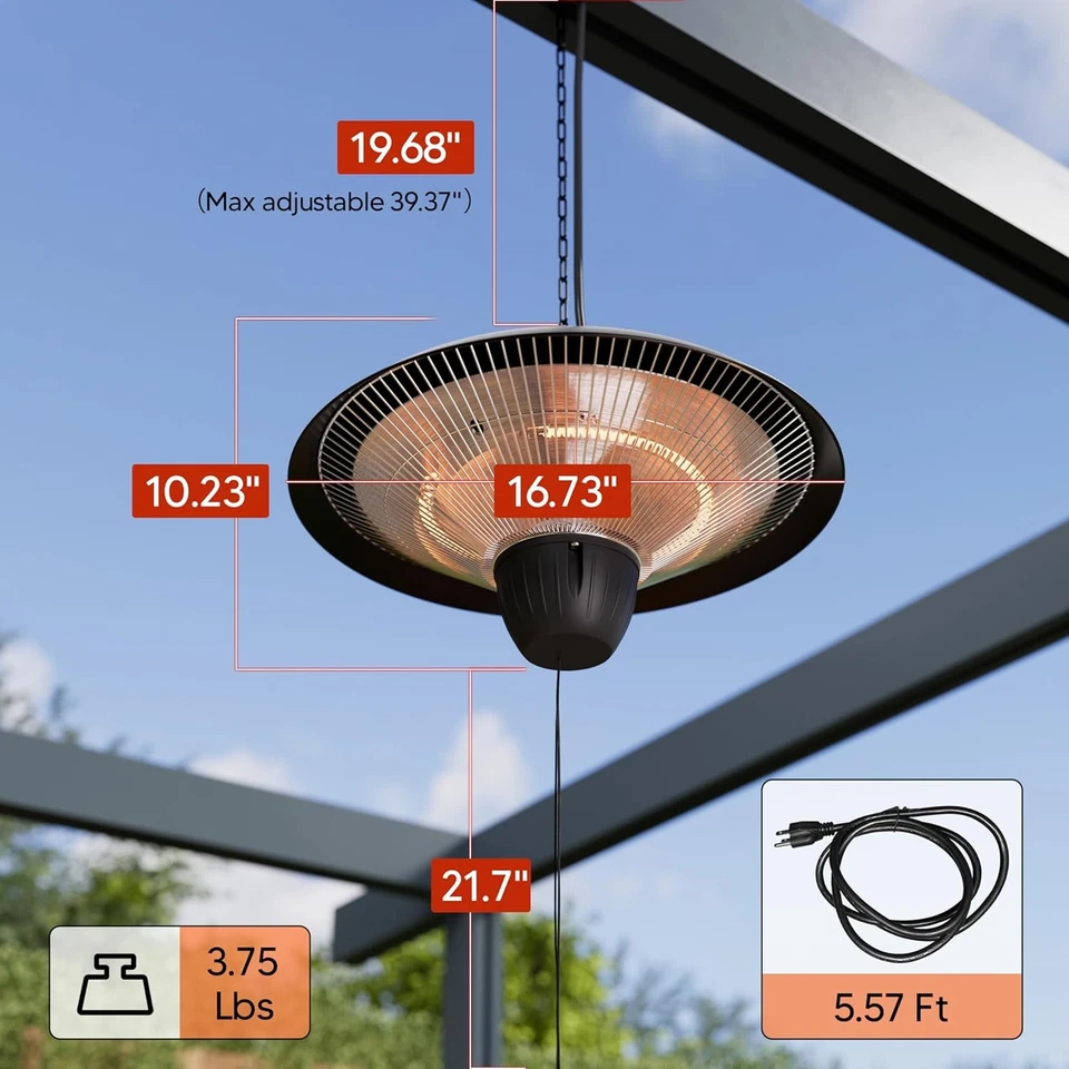 Riscaldatore Elettrico a Infrarossi per Patio 1500W - Appeso, Impermeabile, Nero - Immagine 4 di 4