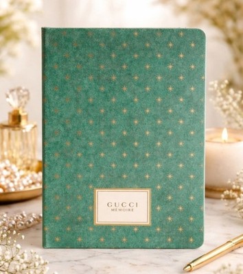 Gucci Memoire Journal Lined Notebook With Green Hardcover & Gold Printed Design 