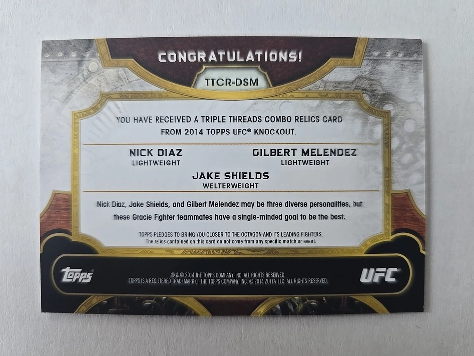 2014 UFC Triple Threads Triple Relic /36 Nick Diaz, Jake Shields, Gilbert... - Image 2 of 3