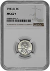 1943 D 1c Lincoln Steel Wheat Cent NGC Graded MS 67+ New Holder