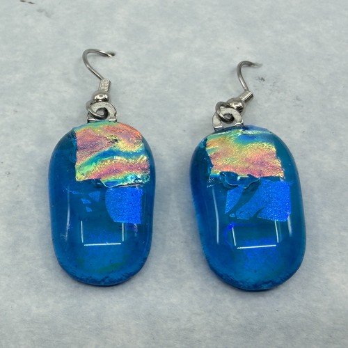 Sunlight Art glass Blue Dichroic Kilnformed Glass Dangle Earrings Alaska Artisan