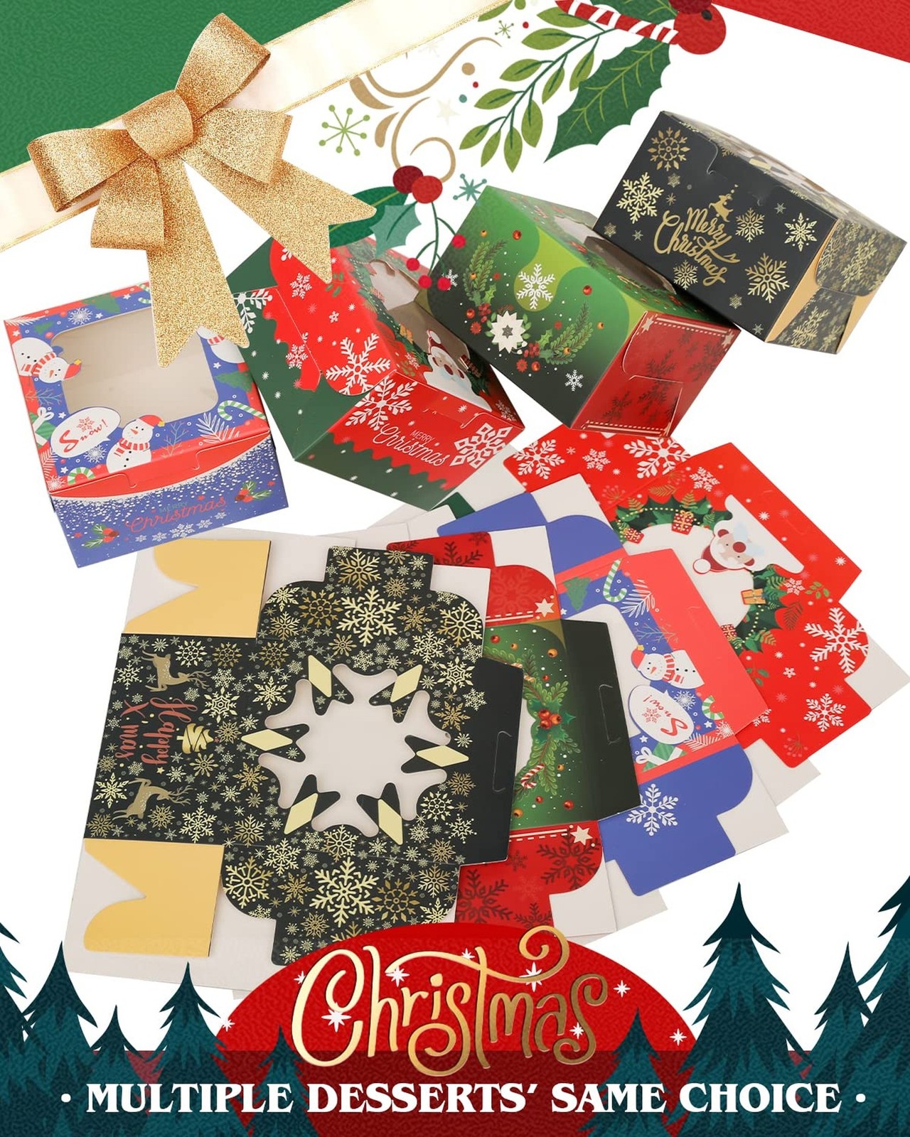 qiqee Christmas Bakery Boxes with Window 100pcs 4x4x2.5 Mini Cookie Boxes Mac...