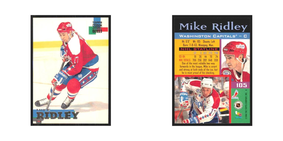 1994 Stadium Club Mike Ridley Washington Capitals #105 - Image 3 of 3