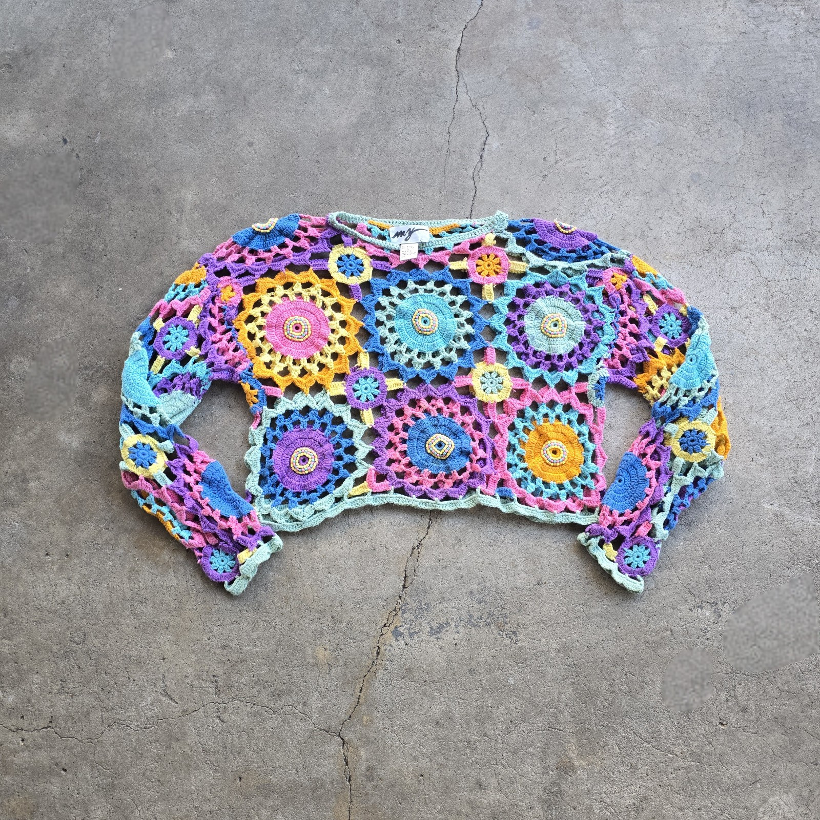 Vintage 80s 90s Granny Square Patchwork Crochet Crop Sweater Boho Colorful M