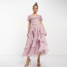 Women's Fashion Square Neck Open Toe Layered Long Flared Evening Party Dress