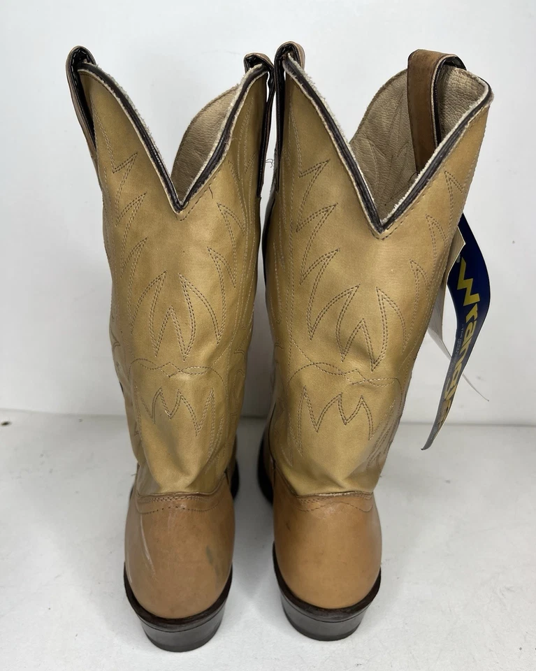 复古牧马人西部牛仔靴男式 9.5D 棕褐色 Ranchero 皮革带标签美国 — 第 4/4 张图片