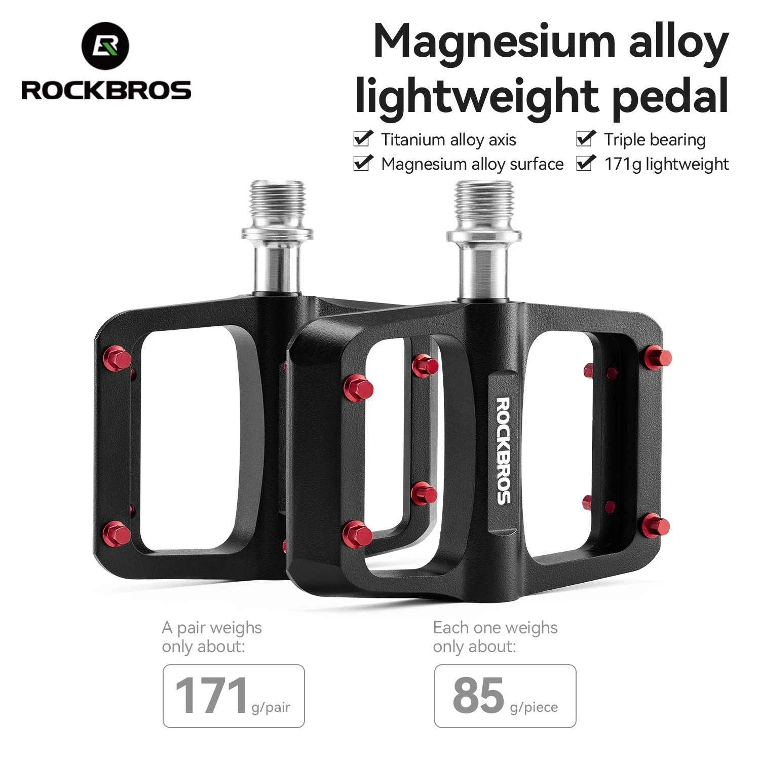 ROCKBROS Flat MTB Pedals Magnesium Alloy 3 Bearings Non-Slip Lightweight Durable