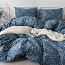 Queen 90" x 90" Blue Floral 100 Cotton Duvet Cover Set 3pc Zipper Corner Ties