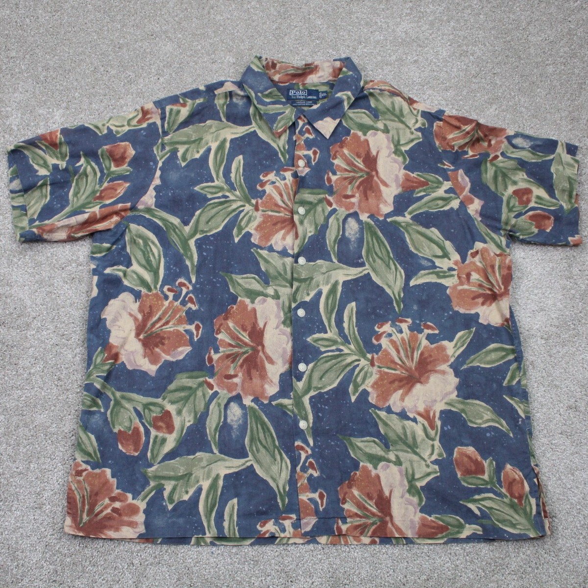 Polo Ralph Lauren Vintage Camp Shirt Men 2XL Blue Floral