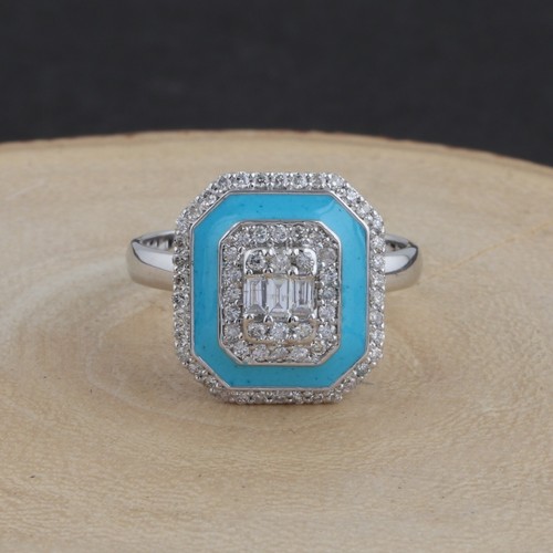 0.50 Ct Lab Grown CVD Diamond Octagon Ring 14k Solid White Gold Blue Enamel - Picture 5 of 8