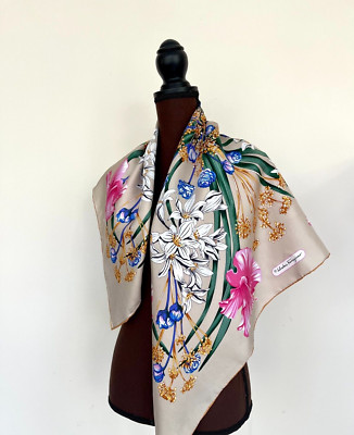 Salvatore Ferragamo Scarf Logo Floral Garden Beige Pink Multicolor Silk Wrap