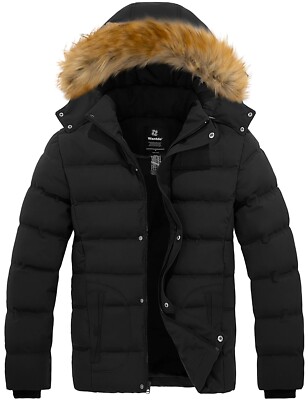 Wantdo Men's Winter Warm Puffer Jacket with Faux Fur Hood Padded