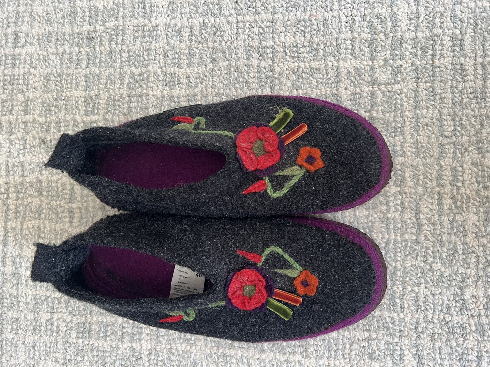 SAOLA Ciabatta Giesswein taglia 40 ultra comoda lana bollente grigia applicazione floreale suola gomma