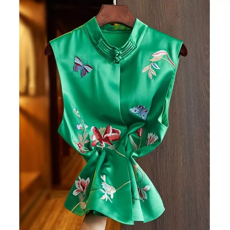Women Embroidered Satin Vest Tank Top Ethnic Faux Silk Waistcoat Cheongsam Top