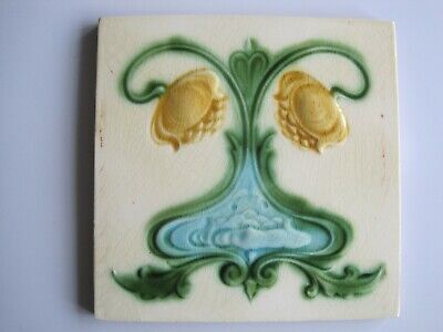 Art Nouveau original period Majolica 6x3 tile relief yellow lemon green Maw &Co 