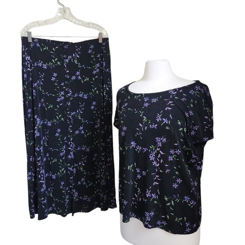Vintage Slinky Liquid Knit Women's XL Blouse Midi Skirt Set Floral Travel Modest