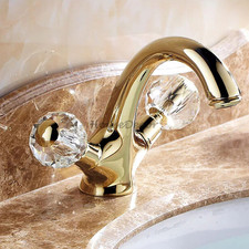 Deluxe Gold Polish Brass Bathroom Dual Crystal Handle Basin Sink Mixer Water Tap