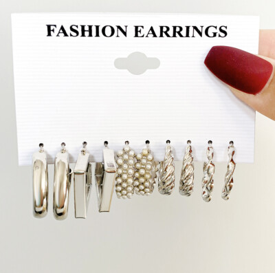 Women's Fashion Jewelry Silver Geometric Hoop Earrings Set 1-38-5