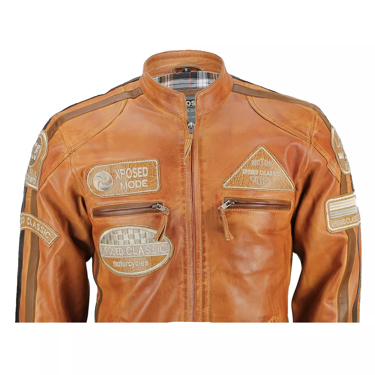 XPOSED Mens Real Leather Tan Brown Racing Badges Biker Jacket Vintage Retro Look