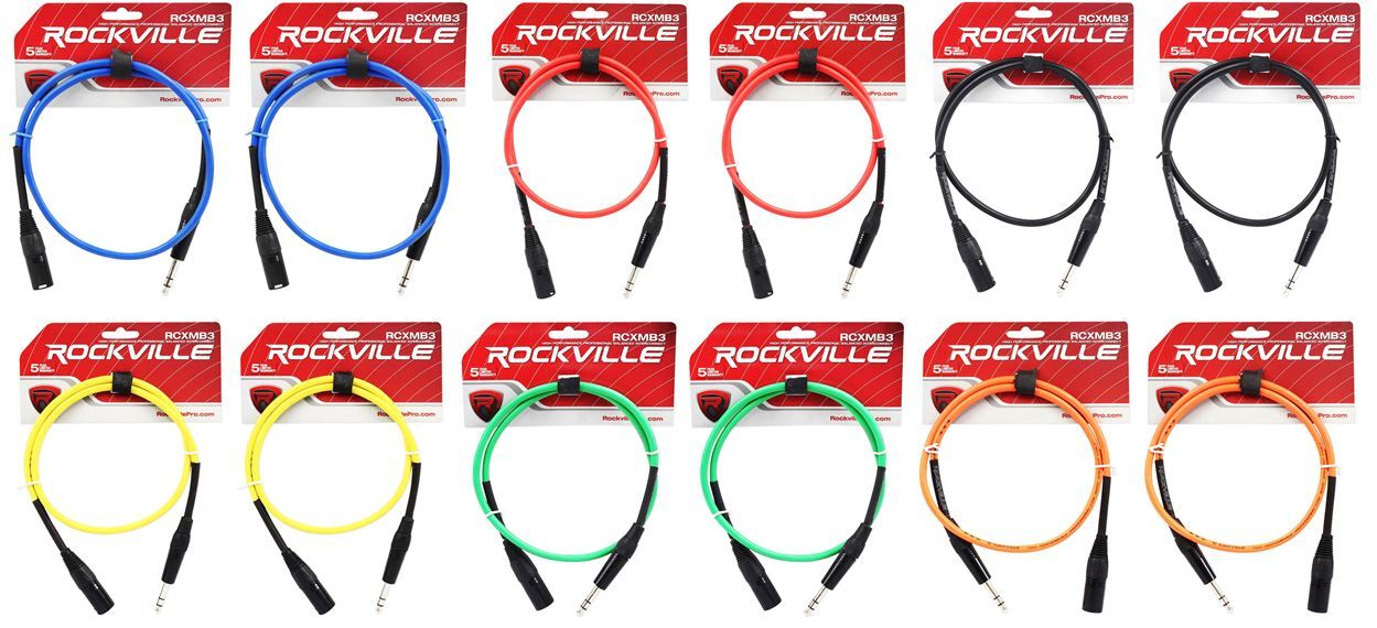 12 Rockville 3-х штекерный кабель REAN XLR -1/4 TRS (6 цветов по 2 в каждом)