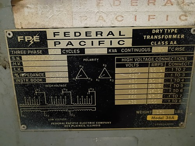#ad #ad FEDERAL PACIFIC Transformer 36A 30kva 3 Phase 480 $500.00