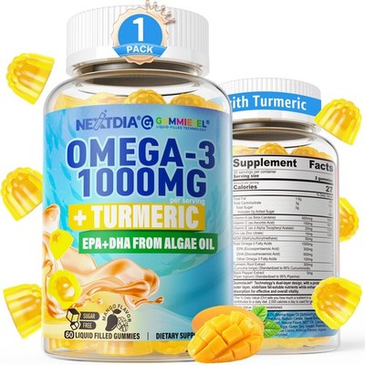 Gummies + Turmeric - Omega 3 Fish Oil Alternative for Adults - Algae DHA 600m...