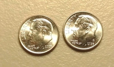 Two Roosevelt Dimes 2025- D BU with Lam Error On One Coin Rev