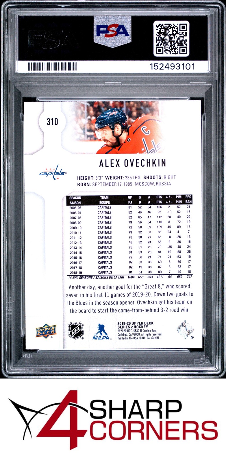 2019 UPPER DECK #310 ALEX OVECHKIN CAPITALS PSA 10 view 2
