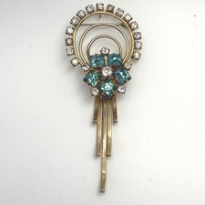 Art Deco Brooch Pendant 40s 50s Women OS Gold Teal Rhinestone Good Vintage