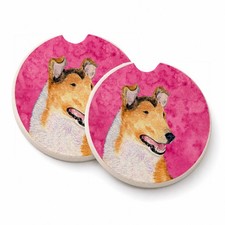 Caroline's Treasures Pink Smooth Collie Set of 2 Cup Holder Car Coasters