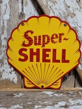 VINTAGE SUPER SHELL SIGN MOTOR OIL GAS STATION SERVICE 12" PUMP PORCELAIN SIGN
