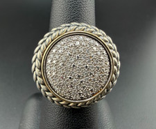 STERLING SILVER 925 14K YG YELLOW GOLD PAVE DIAMOND ROUND COCKTAIL RING SZ 7