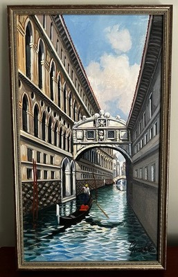 2 Oil Paintings The Bridge Of Sighs & Venice Canal Scene Signed Framed 14'' X 24''