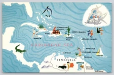 Postcard Caribbean Sea Map Alcoa Steamship Routes Islands Chrome Era Posted