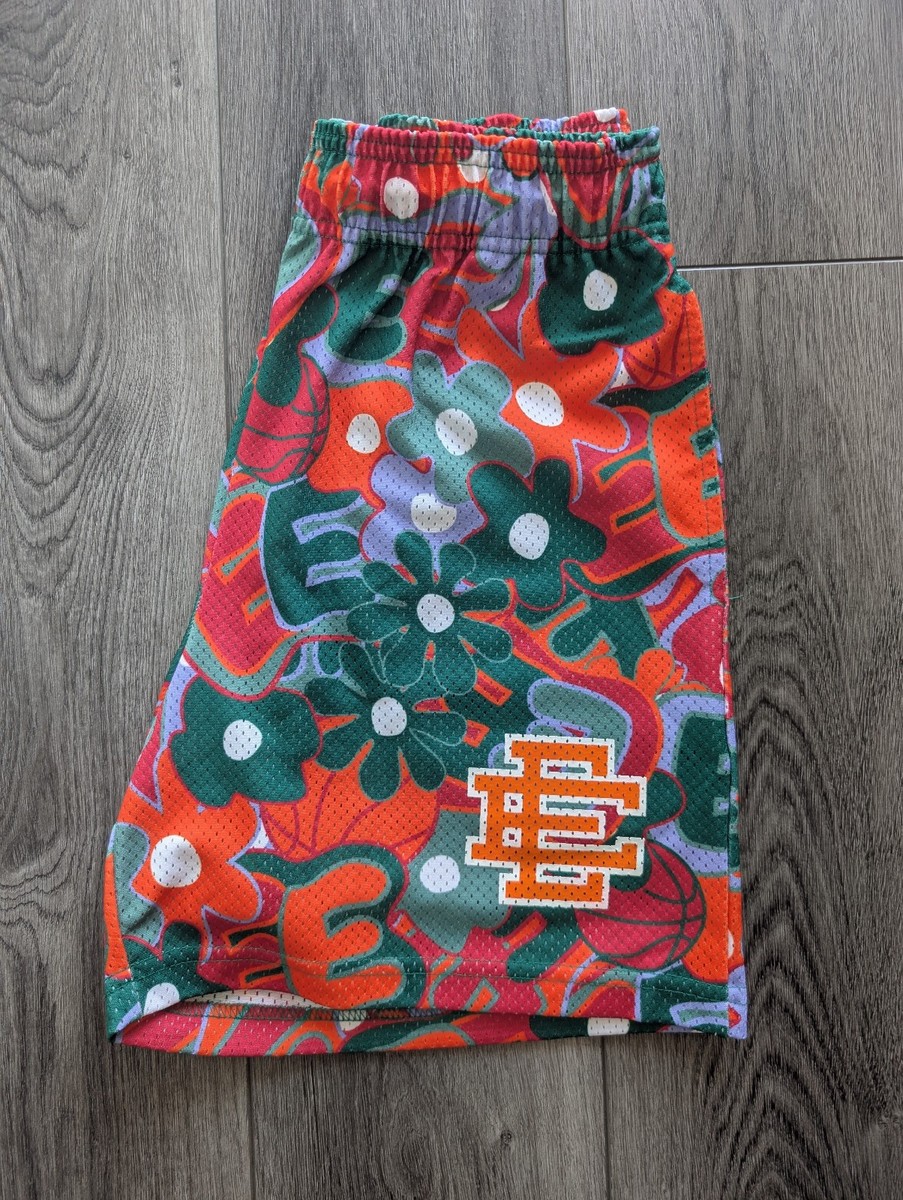 Eric Emanuel Shorts - Floral Basketball Green/Orange/Red - Size M