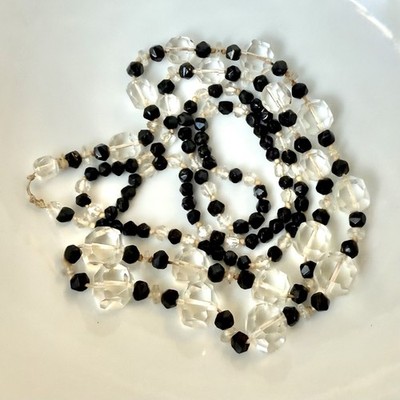 Art Deco Black Clear Crystal Necklace 53in Flapper Glass Beads 1930s Art Deco Black Glass Bead Necklace: 57 main image 4