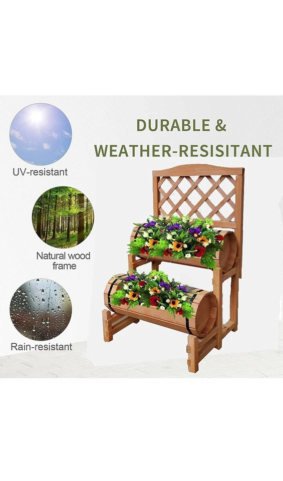 Wooden Garden Twin Barrel Patio Planter Garden Trellis Plant Stand For Climbing - Image 2 of 4