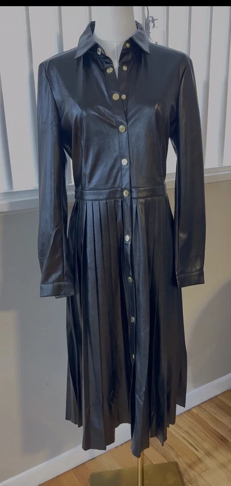 VESTIDO CAMISERO ELIE TAHARI LARGO NEGRO FAUX PLISADO A PRESIÓN TALLA 6 Foto 2 de 4