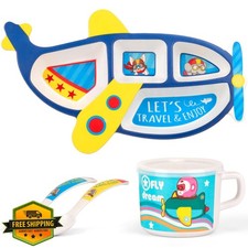 PHEENOWL Toddler Airplane Plate Set, Kids Dinnerware 4 Pc BPA-Free