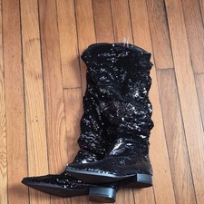 Black Silver Sequins Knee High Women's Boots with Sequin Accents Pattern Fashion