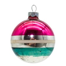 Shiny Brite Vintage Silvered Pink Green Striped Ball Glass Christmas Ornament