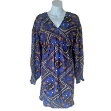 Next Blue Paisley Floral Knee Length Dress Size 10 Tiered Boho Smock V Neck Midi