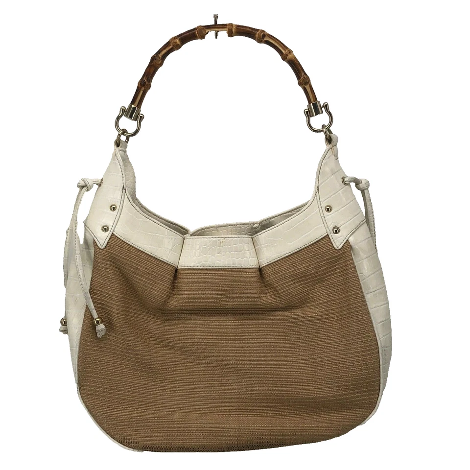 Ann Taylor Loft Woven Straw Purse Bamboo Handles Faux Leather Tan Summer Bag - Image 2 of 4