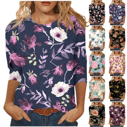 Women's Fashion Casual Round Neck Three Quarter Sleeve Printed T-Shirt Top