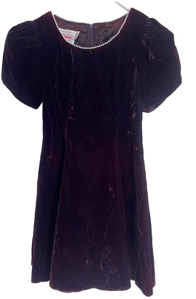  Jessica McClintock Girls Dress Medieval Maroon Velvet Pearl neckline SZ 8 VTG - Image 2 of 4