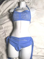 Blue Sparkle Dance Outfit Costume Competition Rave Bikini Tie On Side Adjustable