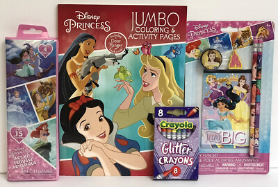 4 Disney Princess Jumbo Coloring Activity Book Pencil Set Glitter Crayon Art Kit
