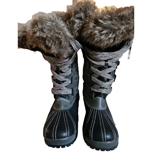 London Fog Black Leather Melton Womens' Fur Trim Winter Snow Boots Size 7. New!